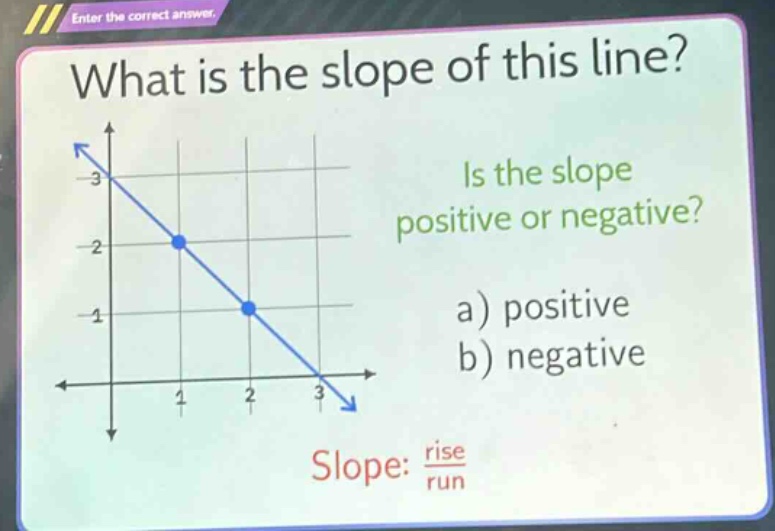 what is the slope of this line? is the slope positive or negative? a) positive b) negative slope: $\frac{rise}{run}$