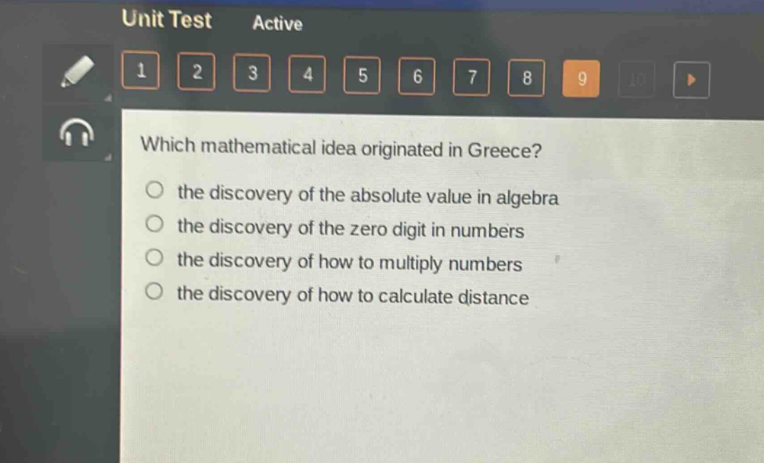 which mathematical idea originated in greece?\no the discovery of the absolute value in algebra\no the discovery of the zero digit in numbers\no the discovery of how to multiply numbers\no the discovery of how to calculate distance