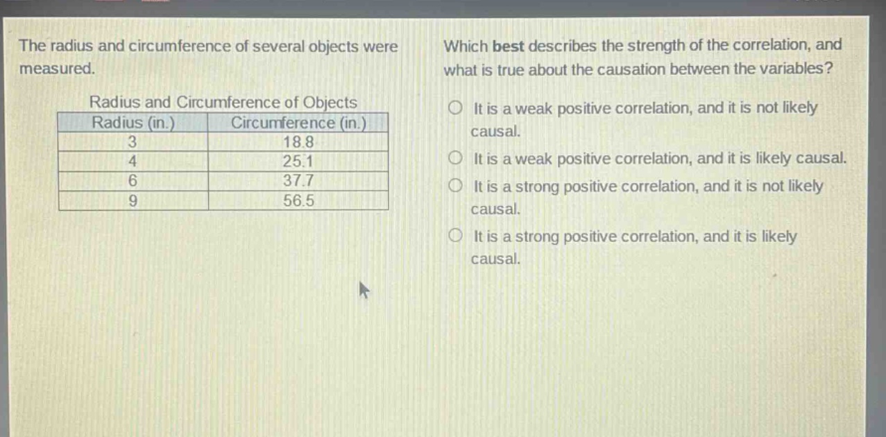 the radius and circumference of several objects were measured.\nradius and circumference of objects\n|radius (in.)|circumference (in.)|\n|----|----|\n|3|18.8|\n|4|25.1|\n|6|37.7|\n|9|56.5|\nwhich best describes the strength of the correlation, and what is true about the causation between the variables?\nit is a weak positive correlation, and it is not likely causal.\nit is a weak positive correlation, and it is likely causal.\nit is a strong positive correlation, and it is not likely causal.\nit is a strong positive correlation, and it is likely causal.