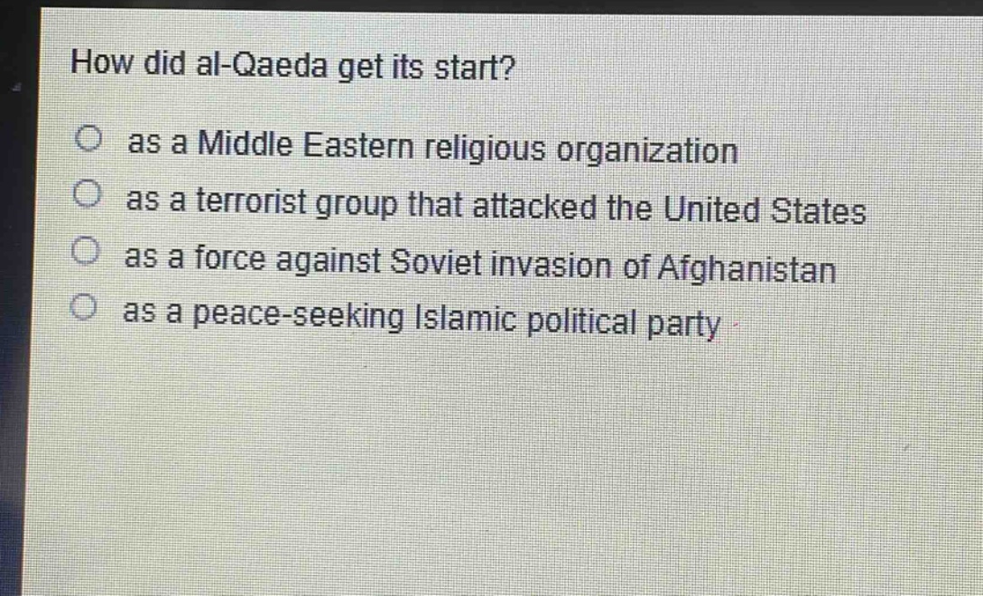 how did al - qaeda get its start?\n as a middle eastern religious organization\n as a terrorist group that attacked the united states\n as a force against soviet invasion of afghanistan\n as a peace - seeking islamic political party