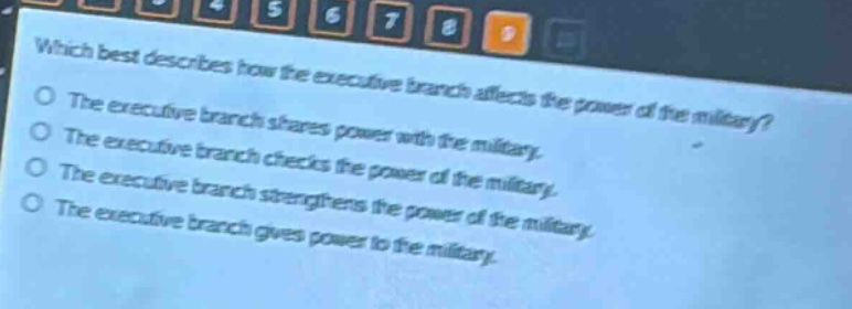 which best describes how the executive branch affects the power of the military?\nthe executive branch shares power with the military.\nthe executive branch checks the power of the military.\nthe executive branch strengthens the power of the military.\nthe executive branch gives power to the military.