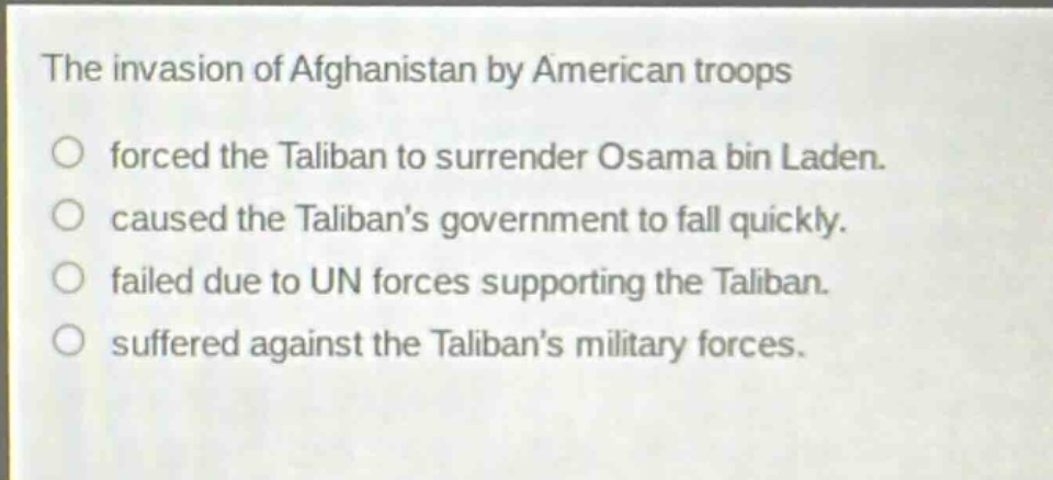 the invasion of afghanistan by american troops\nforced the taliban to surrender osama bin laden.\ncaused the talibans government to fall quickly.\nfailed due to un forces supporting the taliban.\nsuffered against the talibans military forces.