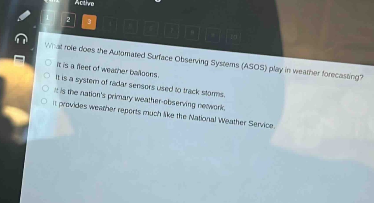 what role does the automated surface observing systems (asos) play in weather forecasting?\nit is a fleet of weather balloons.\nit is a system of radar sensors used to track storms.\nit is the nations primary weather - observing network.\nit provides weather reports much like the national weather service.