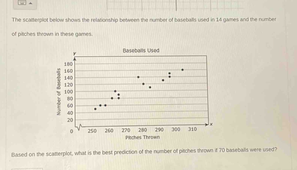 the scatterplot below shows the relationship between the number of baseballs used in 14 games and the number of pitches thrown in these games. based on the scatterplot, what is the best prediction of the number of pitches thrown if 70 baseballs were used?