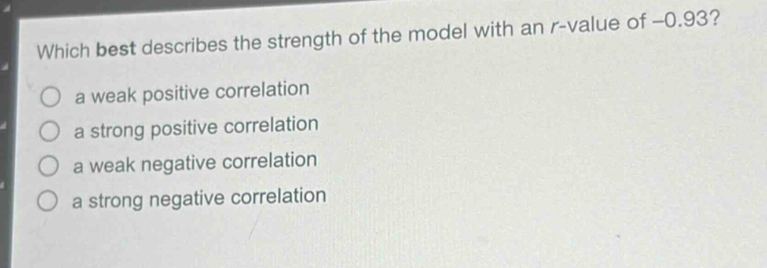 which best describes the strength of the model with an r - value of -0.93?\no a weak positive correlation\no a strong positive correlation\no a weak negative correlation\no a strong negative correlation