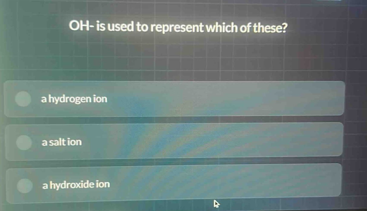 oh- is used to represent which of these?\na hydrogen ion\na salt ion\na hydroxide ion