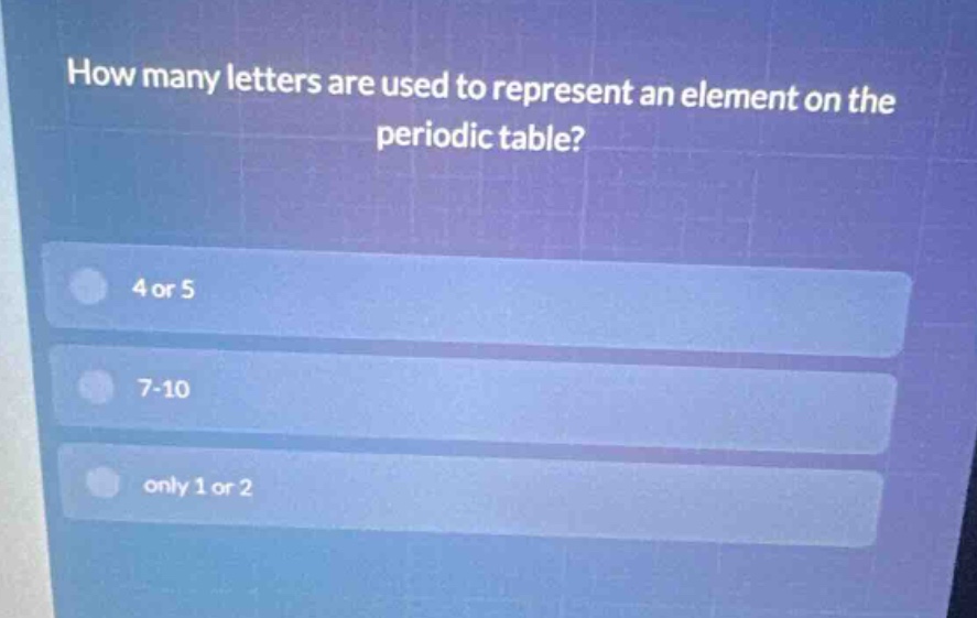 how many letters are used to represent an element on the periodic table?\n4 or 5\n7 - 10\nonly 1 or 2