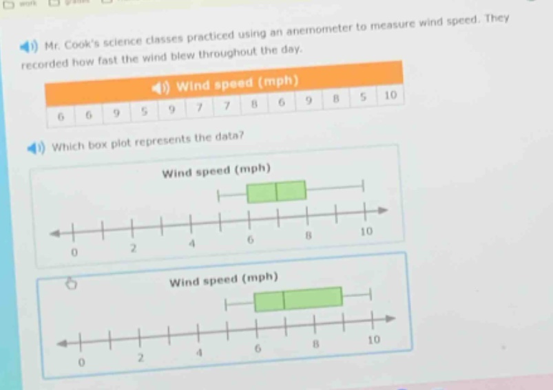 mr. cooks science classes practiced using an anemometer to measure wind speed. they recorded how fast the wind blew throughout the day. wind speed (mph) 6 6 9 5 9 7 7 8 6 9 8 5 10 which box - plot represents the data? wind speed (mph) wind speed (mph)