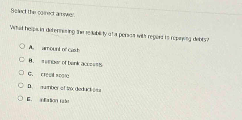 select the correct answer.\nwhat helps in determining the reliability of a person with regard to repaying debts?\na. amount of cash\nb. number of bank accounts\nc. credit score\nd. number of tax deductions\ne. inflation rate