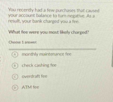 you recently had a few purchases that caused your account balance to turn negative. as a result, your bank charged you a fee. what fee were you most likely charged? choose 1 answer: a monthly maintenance fee b check cashing fee c overdraft fee d atm fee