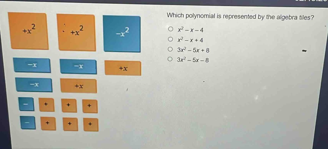 which polynomial is represented by the algebra tiles?\n$x^{2}-x - 4$\n$x^{2}-x + 4$\n$3x^{2}-5x + 8$\n$3x^{2}-5x - 8$