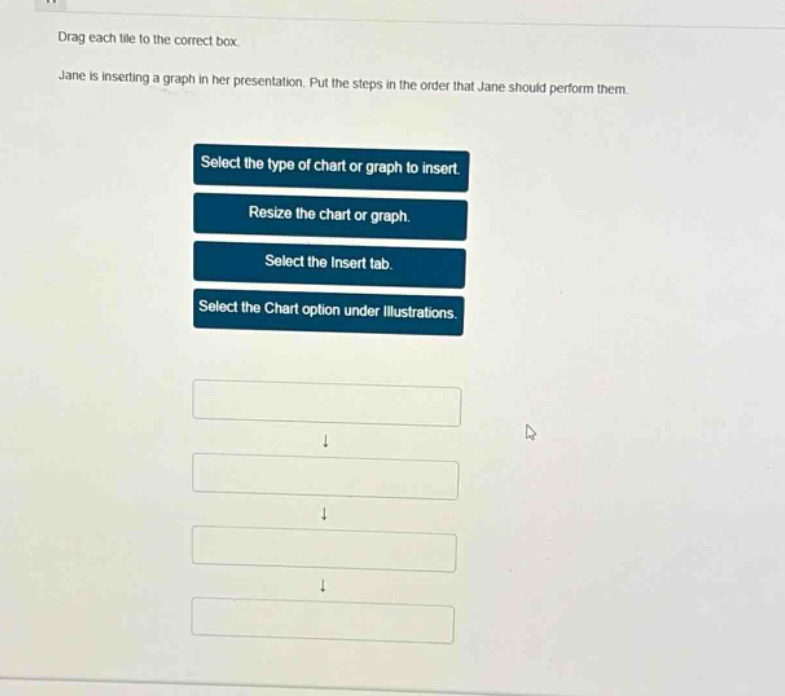 drag each tile to the correct box. jane is inserting a graph in her presentation. put the steps in the order that jane should perform them. select the type of chart or graph to insert. resize the chart or graph. select the insert tab. select the chart option under illustrations.