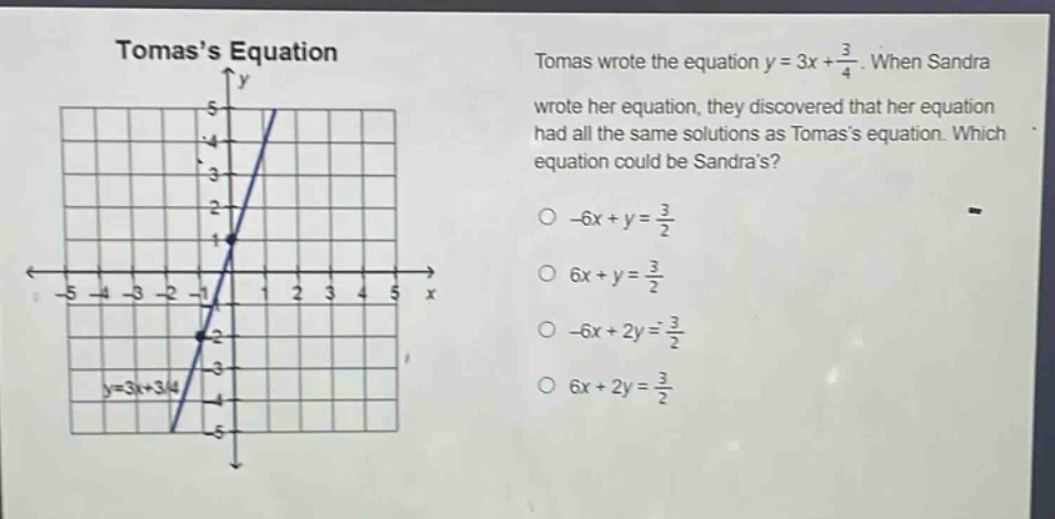 tomass equation\ntomas wrote the equation y = 3x + \\frac{3}{4}. when sandra wrote her equation, they discovered that her equation had all the same solutions as tomass equation. which equation could be sandras?\n-6x + y = \\frac{3}{2}\n6x + y = \\frac{3}{2}\n-6x + 2y = \\frac{3}{2}\n6x + 2y = \\frac{3}{2}