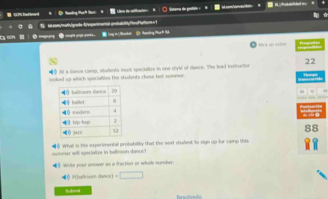 at a dance camp, students must specialize in one style of dance. the lead instructor looked up which specialties the students chose last summer. ballroom dance 20 ballet 8 modern 4 hip - hop 2 jazz 52 what is the experimental probability that the next student to sign up for camp this summer will specialize in ballroom dance? write your answer as a fraction or whole number. p(ballroom dance) =