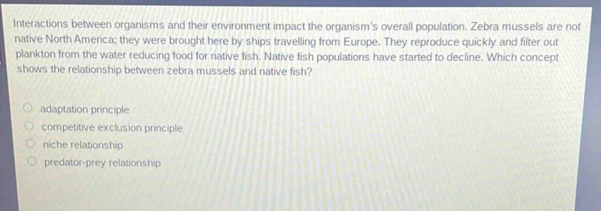 interactions between organisms and their environment impact the organisms overall population. zebra mussels are not native north america; they were brought here by ships travelling from europe. they reproduce quickly and filter out plankton from the water reducing food for native fish. native fish populations have started to decline. which concept shows the relationship between zebra mussels and native fish?\nadaptation principle\ncompetitive exclusion principle\nniche relationship\npredator - prey relationship