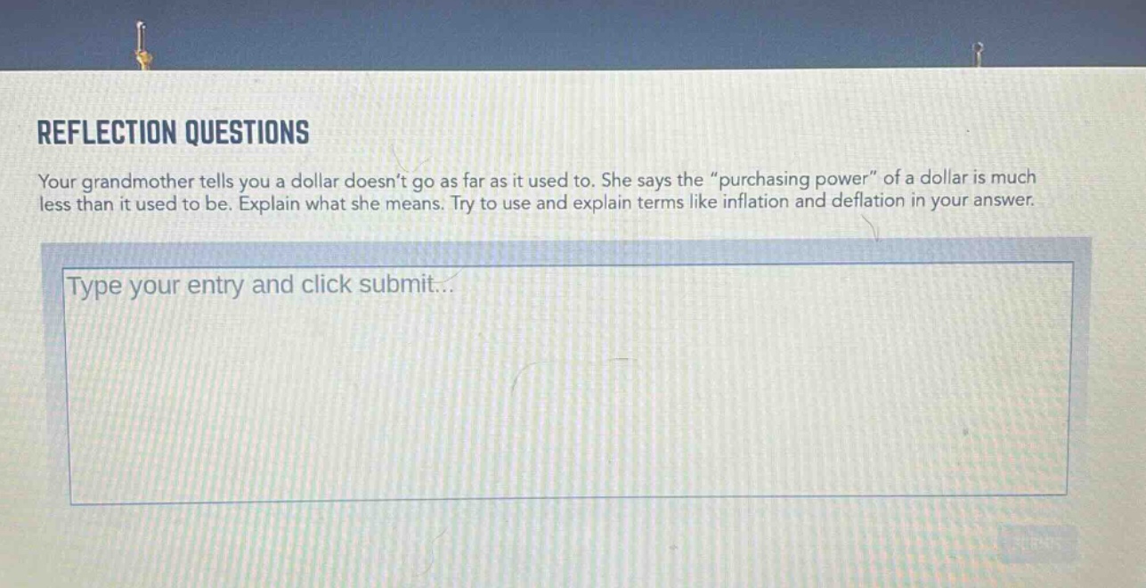 reflection questions\nyour grandmother tells you a dollar doesnt go as far as it used to. she says the “purchasing power” of a dollar is much less than it used to be. explain what she means. try to use and explain terms like inflation and deflation in your answer.\ntype your entry and click submit...