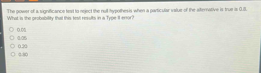 the power of a significance test to reject the null hypothesis when a particular value of the alternative is true is 0.8. what is the probability that this test results in a type ii error?\n0.01\n0.05\n0.20\n0.80