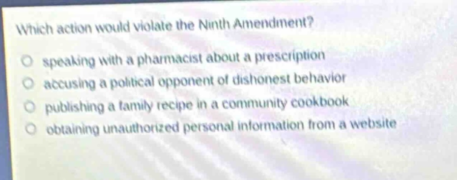 which action would violate the ninth amendment?\n speaking with a pharmacist about a prescription\n accusing a political opponent of dishonest behavior\n publishing a family recipe in a community cookbook\n obtaining unauthorized personal information from a website