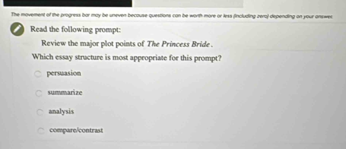 read the following prompt: review the major plot points of the princess bride. which essay structure is most appropriate for this prompt? persuasion summarize analysis compare/contrast