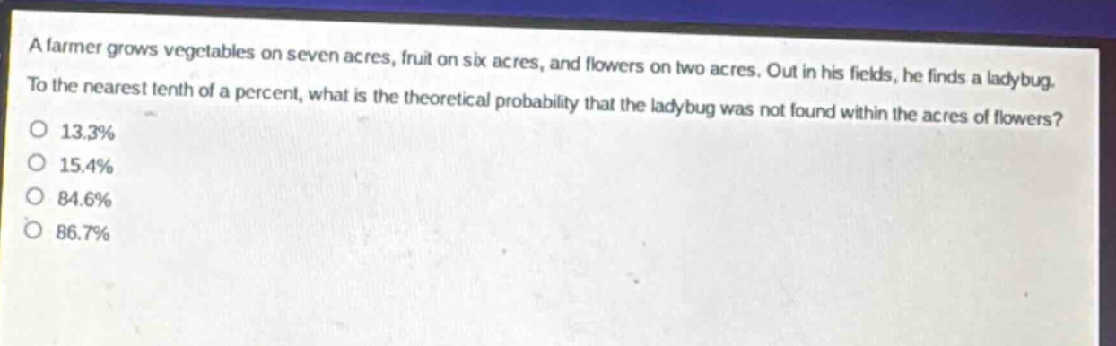 a farmer grows vegetables on seven acres, fruit on six acres, and flowers on two acres. out in his fields, he finds a ladybug. to the nearest tenth of a percent, what is the theoretical probability that the ladybug was not found within the acres of flowers?\n13.3%\n15.4%\n84.6%\n86.7%