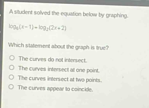 a student solved the equation below by graphing. log₆(x - 1)=log₂(2x + 2) which statement about the graph is true? the curves do not intersect. the curves intersect at one point. the curves intersect at two points. the curves appear to coincide.