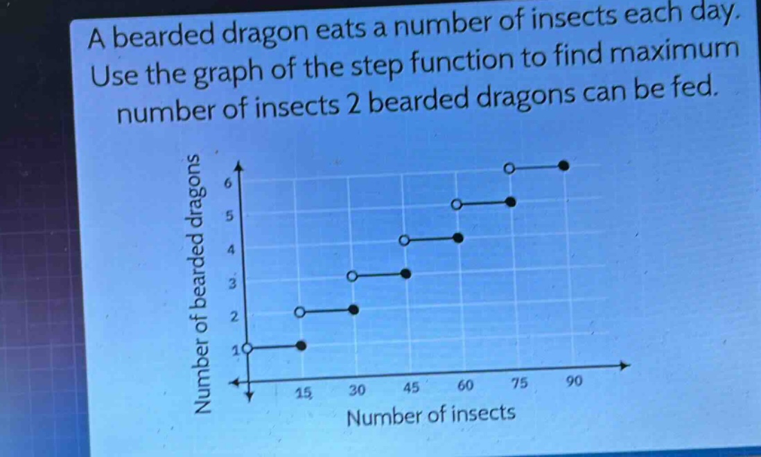 a bearded dragon eats a number of insects each day. use the graph of the step function to find maximum number of insects 2 bearded dragons can be fed.