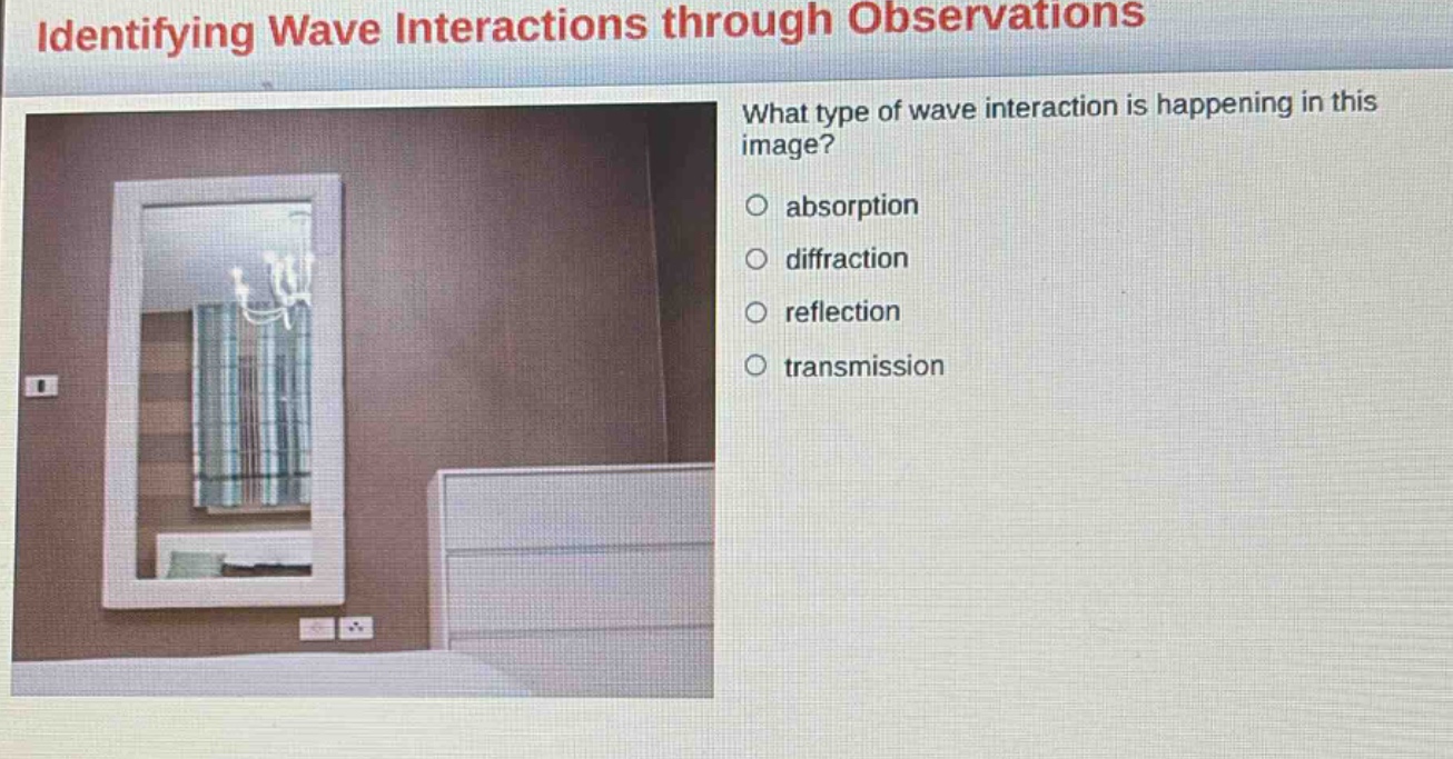 identifying wave interactions through observations\nwhat type of wave interaction is happening in this image?\nabsorption\ndiffraction\nreflection\ntransmission