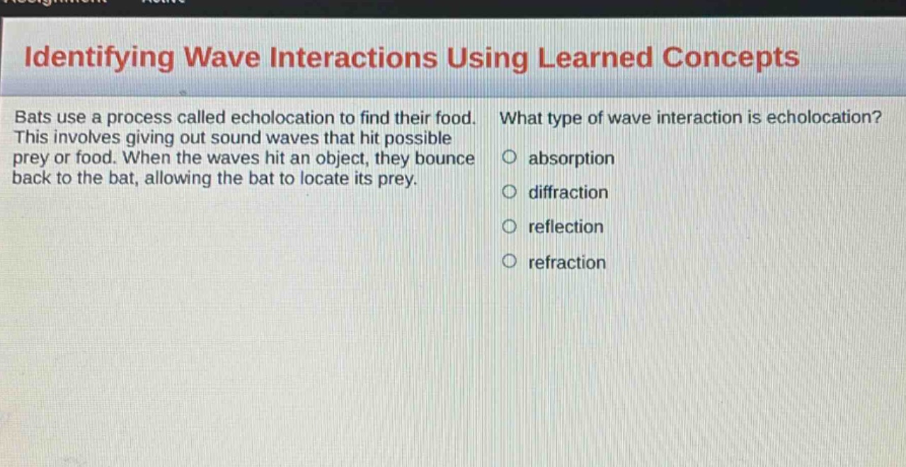 identifying wave interactions using learned concepts\nbats use a process called echolocation to find their food. this involves giving out sound waves that hit possible prey or food. when the waves hit an object, they bounce back to the bat, allowing the bat to locate its prey.\nwhat type of wave interaction is echolocation?\nabsorption\ndiffraction\nreflection\nrefraction