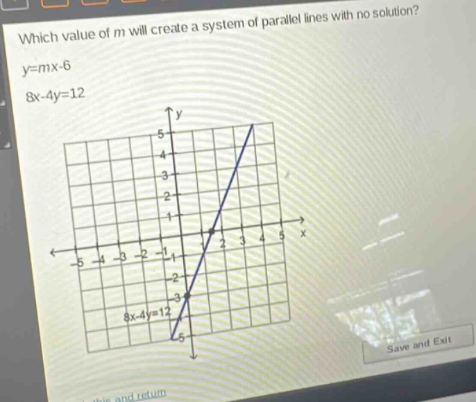 which value of m will create a system of parallel lines with no solution?\ny=mx - 6\n8x - 4y=12