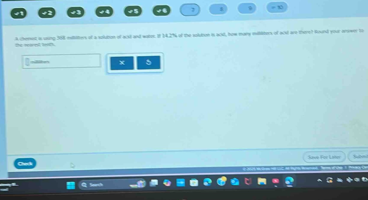 a chemist is using 368 milliliters of a solution of acid and water. if 14.2% of the solution is acid, how many milliliters of acid are there? round your answer to the nearest tenth.