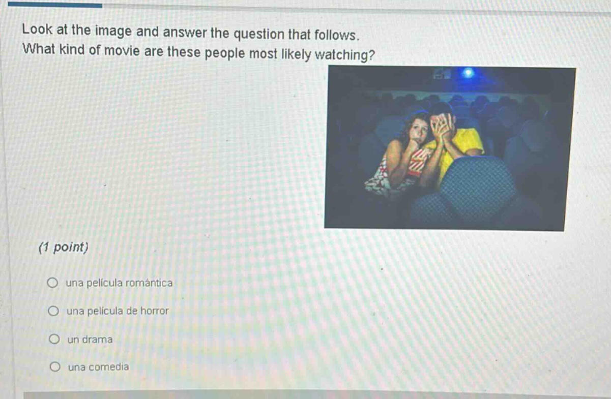 look at the image and answer the question that follows. what kind of movie are these people most likely watching? (1 point) una película romántica una película de horror un drama una comedia