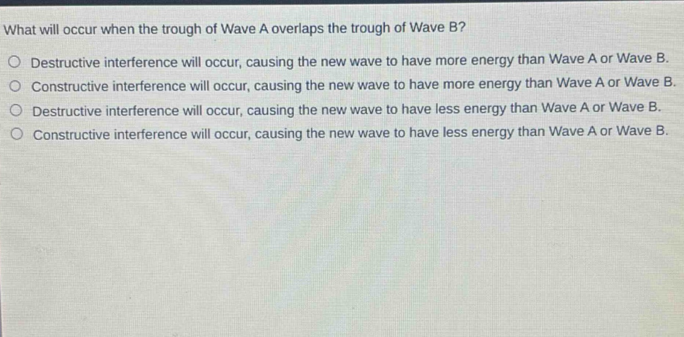 what will occur when the trough of wave a overlaps the trough of wave b?\n○ destructive interference will occur, causing the new wave to have more energy than wave a or wave b.\n○ constructive interference will occur, causing the new wave to have more energy than wave a or wave b.\n○ destructive interference will occur, causing the new wave to have less energy than wave a or wave b.\n○ constructive interference will occur, causing the new wave to have less energy than wave a or wave b.
