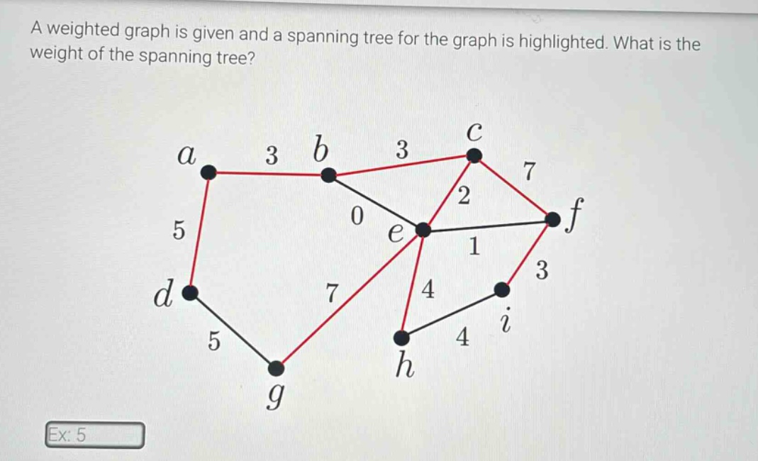 a weighted graph is given and a spanning tree for the graph is highlighted. what is the weight of the spanning tree? ex: 5