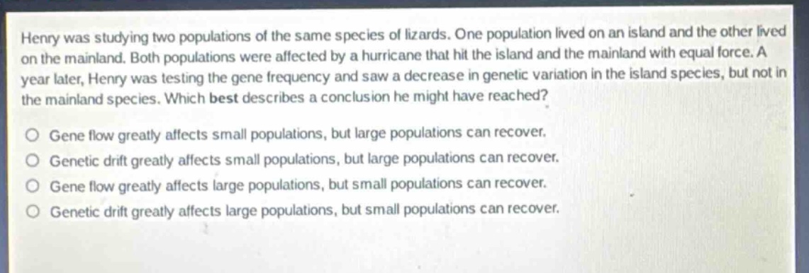 henry was studying two populations of the same species of lizards. one population lived on an island and the other lived on the mainland. both populations were affected by a hurricane that hit the island and the mainland with equal force. a year later, henry was testing the gene frequency and saw a decrease in genetic variation in the island species, but not in the mainland species. which best describes a conclusion he might have reached?\no gene flow greatly affects small populations, but large populations can recover.\no genetic drift greatly affects small populations, but large populations can recover.\no gene flow greatly affects large populations, but small populations can recover.\no genetic drift greatly affects large populations, but small populations can recover.