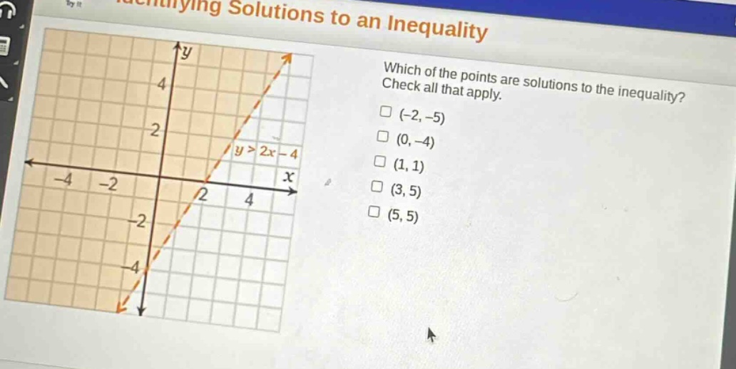 identifying solutions to an inequality\nwhich of the points are solutions to the inequality? check all that apply.\n(-2, -5)\n(0, -4)\n(1, 1)\n(3, 5)\n(5, 5)\ny > 2x - 4