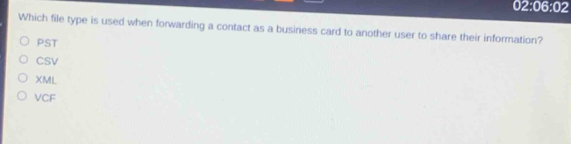 which file type is used when forwarding a contact as a business card to another user to share their information?\npst\ncsv\nxml\nvcf