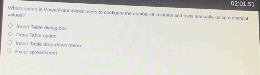 which option in powerpoint allows users to configure the number of columns and rows manually, using numerical values?\ninsert table dialog box\ndraw table option\ninsert table drop - down menu\nexcel spreadsheet