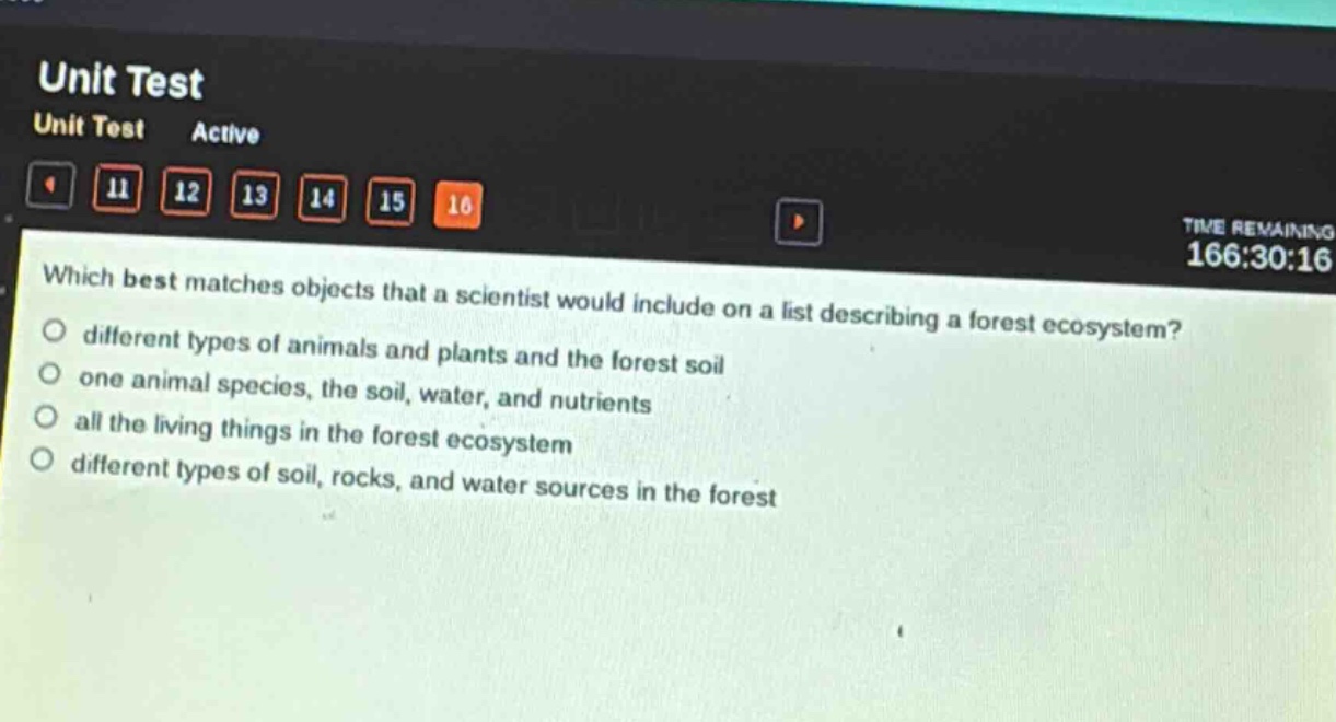 which best matches objects that a scientist would include on a list describing a forest ecosystem?\n○ different types of animals and plants and the forest soil\n○ one animal species, the soil, water, and nutrients\n○ all the living things in the forest ecosystem\n○ different types of soil, rocks, and water sources in the forest
