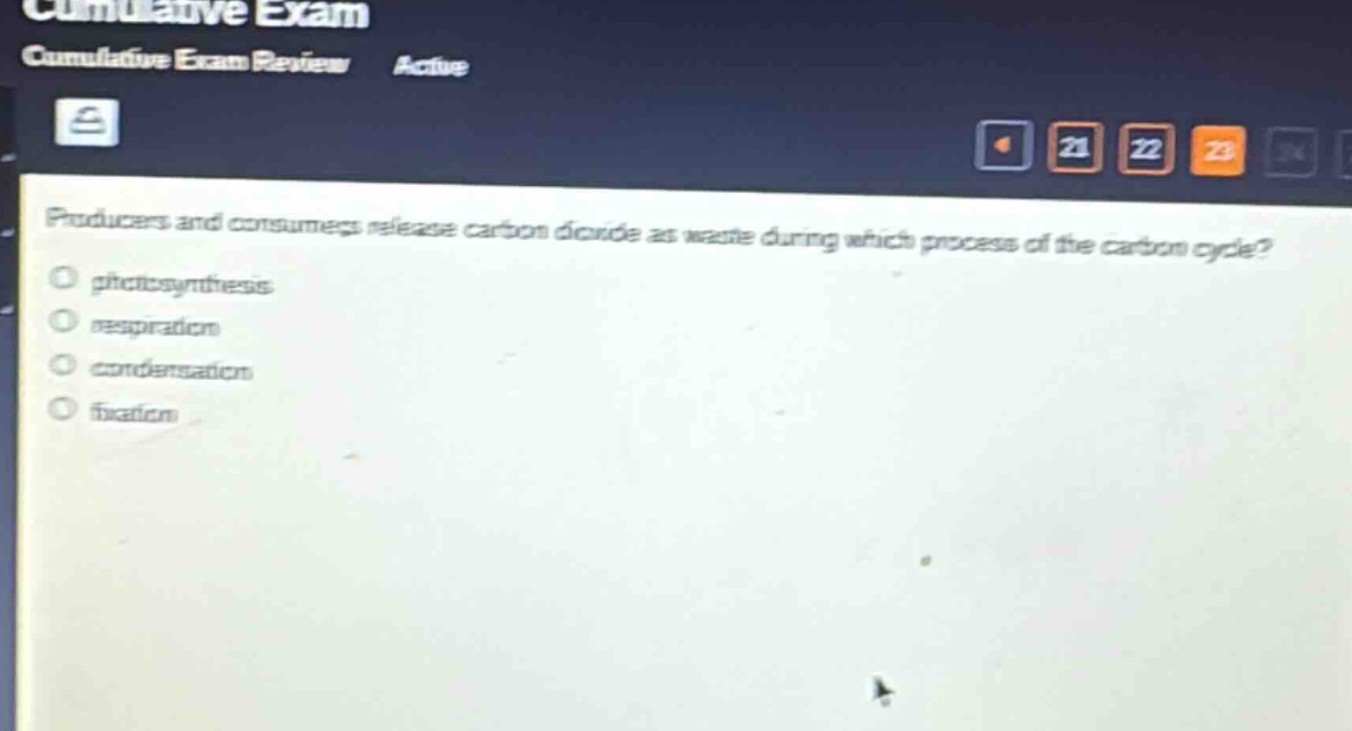 producers and consumers release carbon dioxide as waste during which process of the carbon cycle?\nphotosynthesis\nrespiration\ncondensation\nfixation