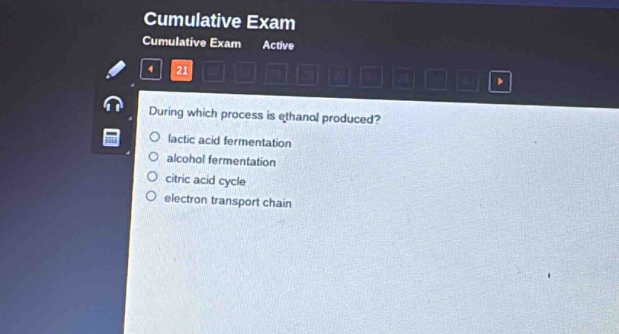 during which process is ethanol produced?\n○ lactic acid fermentation\n○ alcohol fermentation\n○ citric acid cycle\n○ electron transport chain