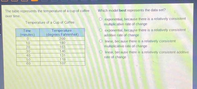 the table represents the temperature of a cup of coffee over time. which model best represents the data set? temperature of a cup of coffee\n| time (minutes) | temperature (degrees fahrenheit) |\n| ---- | ---- |\n| 0 | 200 |\n| 10 | 180 |\n| 20 | 163 |\n| 30 | 146 |\n| 40 | 131 |\n| 50 | 118 |\n| 60 | 107 | exponential, because there is a relatively consistent multiplicative rate of change exponential, because there is a relatively consistent additive rate of change linear, because there is a relatively consistent multiplicative rate of change linear, because there is a relatively consistent additive rate of change