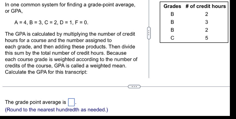in one common system for finding a grade - point average, or gpa,\na = 4, b = 3, c = 2, d = 1, f = 0.\nthe gpa is calculated by multiplying the number of credit hours for a course and the number assigned to each grade, and then adding these products. then divide this sum by the total number of credit hours. because each course grade is weighted according to the number of credits of the course, gpa is called a weighted mean.\ncalculate the gpa for this transcript:\nthe grade point average is .\n(round to the nearest hundredth as needed.)