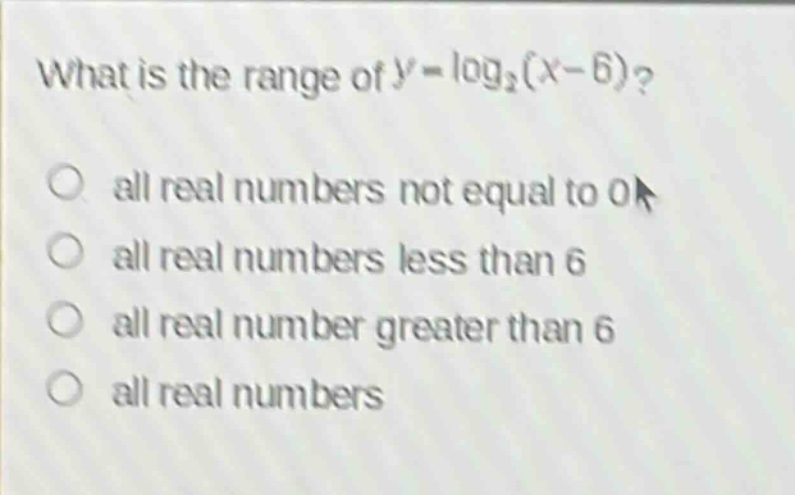 what is the range of $y = \\log_2(x - 6)$?\no all real numbers not equal to 0\no all real numbers less than 6\no all real number greater than 6\no all real numbers