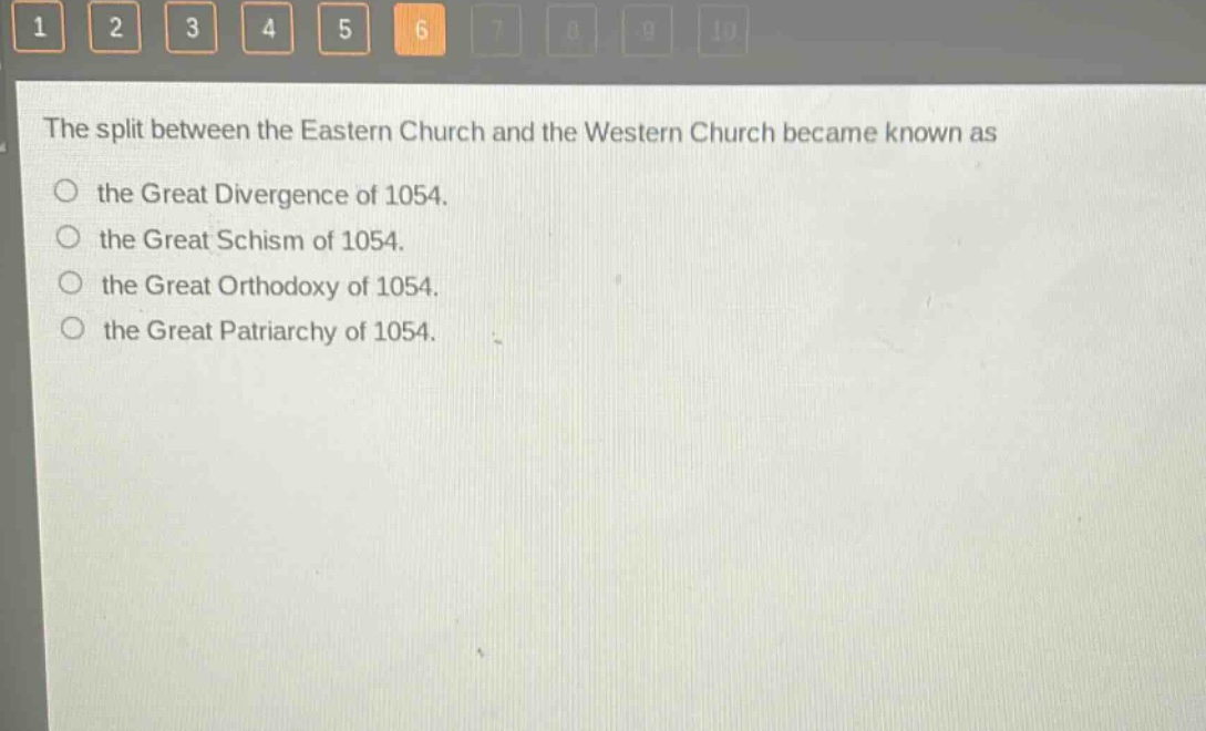 the split between the eastern church and the western church became known as\nthe great divergence of 1054.\nthe great schism of 1054.\nthe great orthodoxy of 1054.\nthe great patriarchy of 1054.