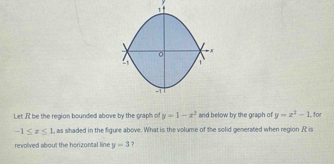 let $r$ be the region bounded above by the graph of $y = 1 - x^{2}$ and below by the graph of $y = x^{2}-1$, for $-1leq xleq1$, as shaded in the figure above. what is the volume of the solid generated when region $r$ is revolved about the horizontal line $y = 3$?