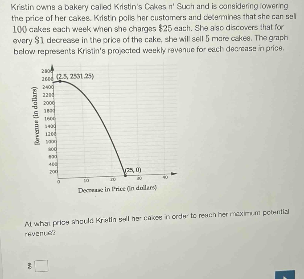 kristin owns a bakery called kristins cakes n such and is considering lowering the price of her cakes. kristin polls her customers and determines that she can sell 100 cakes each week when she charges $25 each. she also discovers that for every $1 decrease in the price of the cake, she will sell 5 more cakes. the graph below represents kristins projected weekly revenue for each decrease in price. at what price should kristin sell her cakes in order to reach her maximum potential revenue? $□