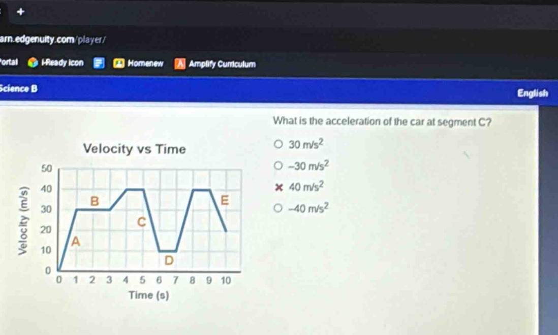 what is the acceleration of the car at segment c?\n30 m/s²\n-30 m/s²\n40 m/s²\n-40 m/s²\nvelocity vs time\ntime (s)\nvelocity (m/s)