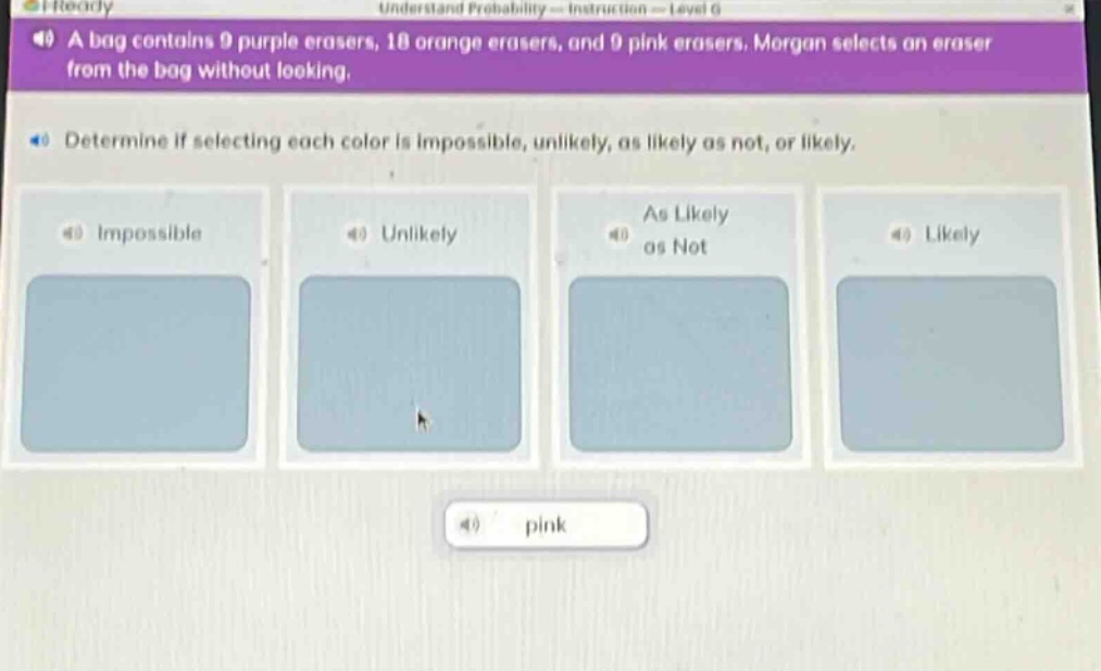 a bag contains 9 purple erasers, 18 orange erasers, and 9 pink erasers. morgan selects an eraser from the bag without looking. determine if selecting each color is impossible, unlikely, as likely as not, or likely. impossible unlikely as likely as not likely pink