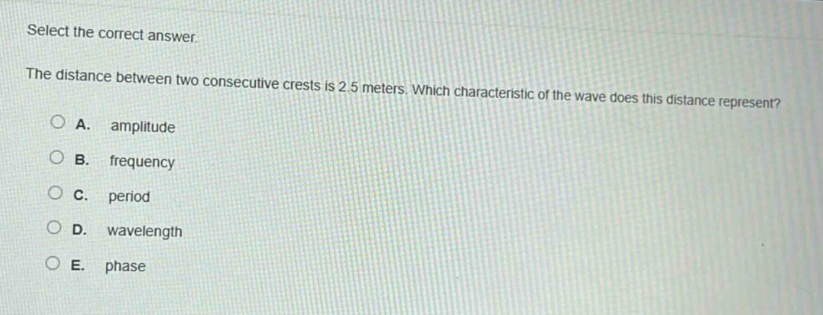 select the correct answer.\nthe distance between two consecutive crests is 2.5 meters. which characteristic of the wave does this distance represent?\na. amplitude\nb. frequency\nc. period\nd. wavelength\ne. phase