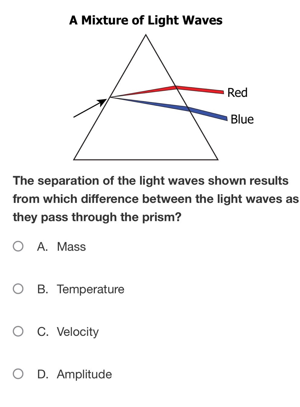a mixture of light waves\nthe separation of the light waves shown results from which difference between the light waves as they pass through the prism?\na. mass\nb. temperature\nc. velocity\nd. amplitude